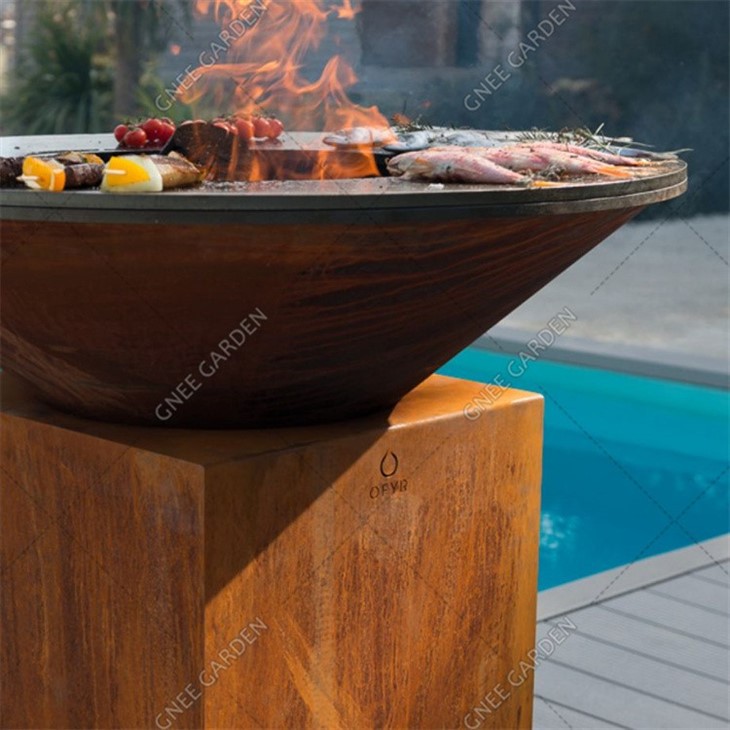 Large Portable Wood Corten Steel Metal Grill BBQ
